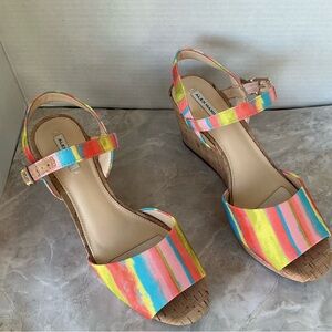 Alex Marie Claramir Rainbow Striped Cork Wedge. Yellow, Pink, Blue 8M